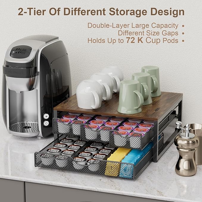 Coffee Pod Holder For Counter, 3 Pull-Out 72 K-Cup Holder Drawer, Wooden Cafe Pods Storage Organizer with Sliding Drawers for Coffee Station, Home, Kitchen, Office, Dorm (Antique Finish)