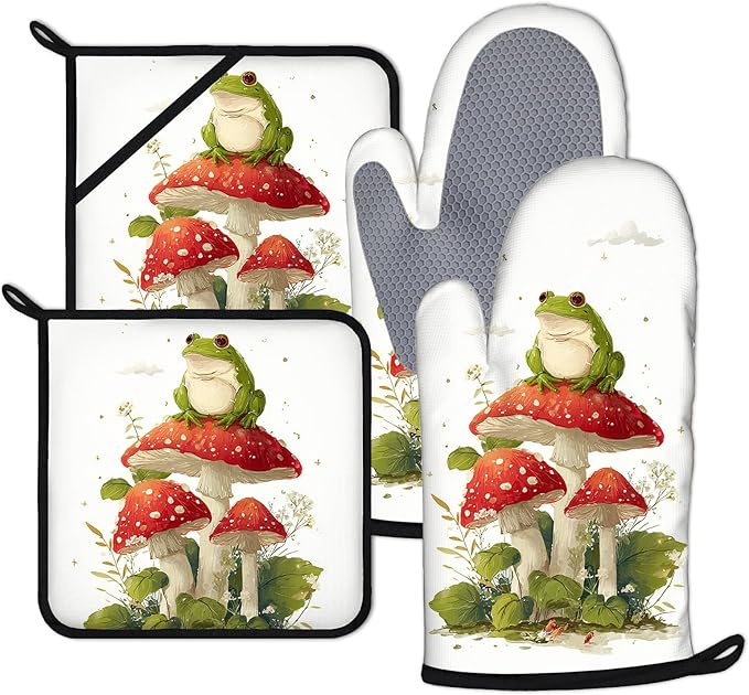 Frog Mushroom Oven Mitts and Pot Holders Sets 4Pcs Silicone Non-Slip Mitts Heat Resistant Gloves Hot Pads for Kitchen Cooking Baking Grilling BBQ