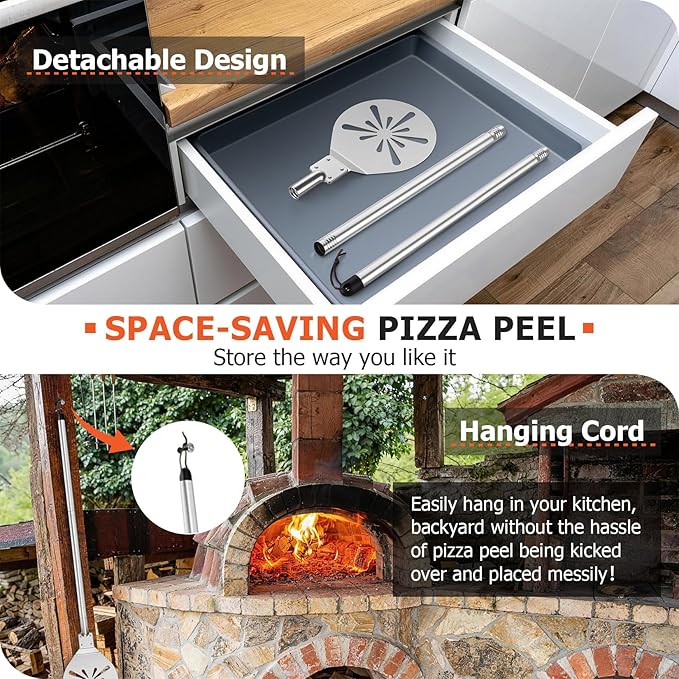 9 Inch Pizza Peel Turning, Joyfair Perforated Pizza Turner with Long Detachable Handle, Stainless Steel Spatula Paddle for Rotating Sliding, Metal Tools Oven Accessories, Easy Cleanup (SS Handle)
