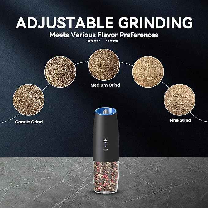 Rechargeable Electric Salt and Pepper Grinder, gravity electric salt and pepper grinder, Adjustable Roughness, LED Light, 1 Pack, (Black)