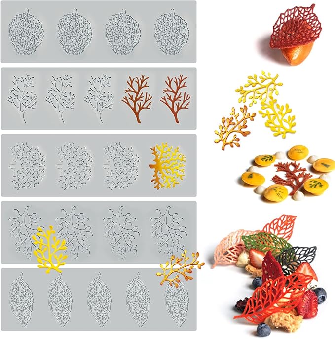 5PCS Leaf Molds Silicone Baking Fondant Tuile Molds, Hollow 3D Coral Branch Leaf Tuille Lace Silicone Cake Moulds, Polymer Clay Mold for Baking, Resin, Clay, Sugar Craft, Dessert Cake Decoration