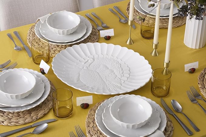 Lenox Serveware, Lenox French Perle Carved Turkey Platter, Scalloped, Oval, 18-Inch, Stoneware, Dishwasher Safe, Turkey Platter for Thanksgiving, Winter Hosting, Christmas Serving (White, 1 Piece)
