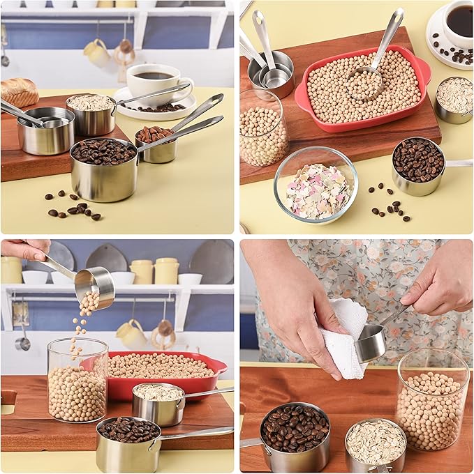 18/8 Stainless Steel Measuring Cups Set 7, Metric & US Measuring Cups for Kitchen & Baking, Metal Measuring Cups Set with 2/3 & 3/4 Measure Cups