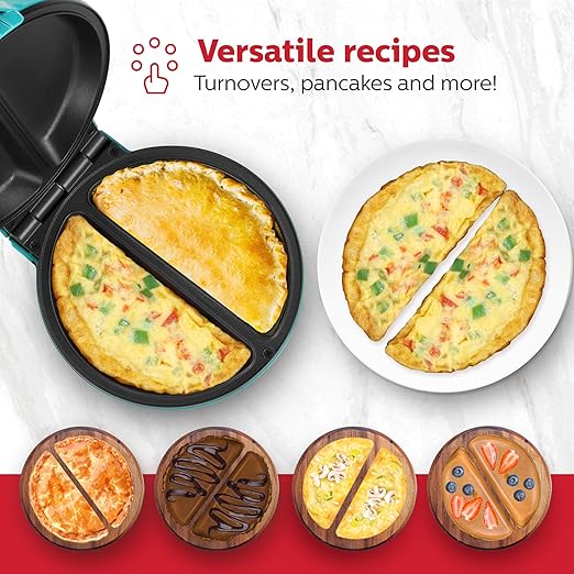 Holstein Housewares Stainless Steel 2 Section Omelet & Frittata Maker, Non Stick Coating, Easy To Clean, Indicator Lights, Compact Storage, Prepare Versatile Recipes in Minutes. 2 Portions, Teal