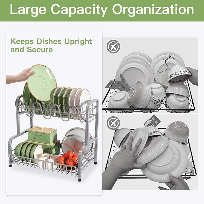 romision 2 Tier Compact Stainless Steel Dish Drainers Drying Rack for Kitchen Counter, Space Saving, Rust Proof Plate Strainers Holder On Countertop with Drainboard, Modern Gray, Small