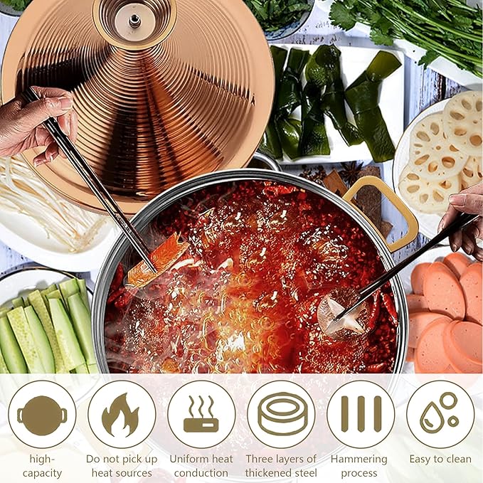 Moroccan Tagine Cooking Pot: 304 Stainless Steel Tagine Pot with 2 Handles,Large Slow Cooker Casserole with Cone-Shaped Lid, Non Stick Moroccan Pots for Cooking,29cm (Gold)