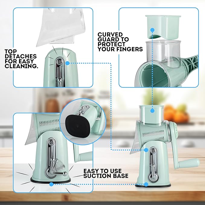 5 in1 Rotary Cheese Grater with Handle, Rotary Grater, Vegetable Slicer, Shredder, Carrot Grater, Nut Grinder, and Chocolate Shaver (Light Green)