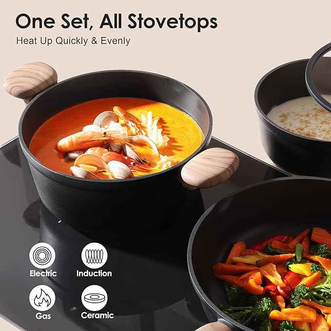 SENSARTE Nonstick Pots and Pans Set 17pcs, Healthy Induction Cookware Set, Kitchen Cooking Set with Skillets & Saucepans, Stay-cool Handles, Dishwasher Safe, PFOA PFOS Free, Matte Black