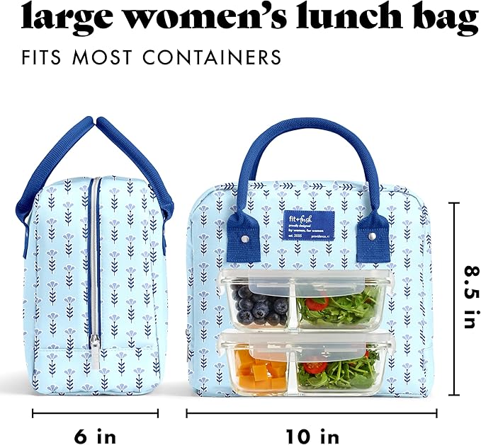 Fit & Fresh Bloomington Lunch Bag for Women - Insulated Large Lunch Box for Work with Containers, Leak-Resistant, Stain-Resistant, Zipper Closure, Tiny Blue Flowers