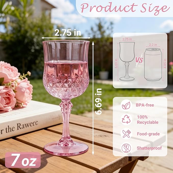 Plastic Wine Glasses, Plastic Goblets Vintage Style Cordial Unbreakable Drinking Glasses， Reusable Drinkware for Wedding Reception, Grand Event Party Supplies, Mother's Day(48, Pink)