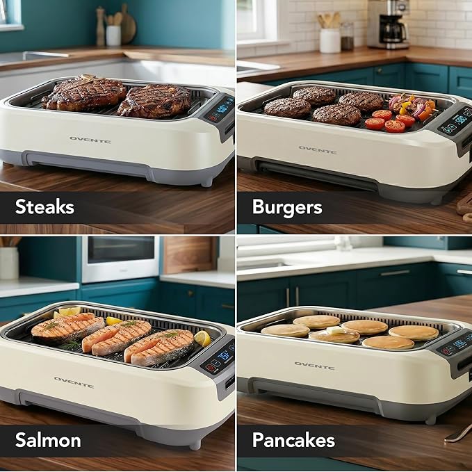 OVENTE Smokeless Indoor Grill, 1500W Electric Portable Korean BBQ Grill with One-Touch Control, LED Smart Display, Tempered Glass Lid, Two Removable Non-Stick and Dishwasher Safe Plates, White SGR85W