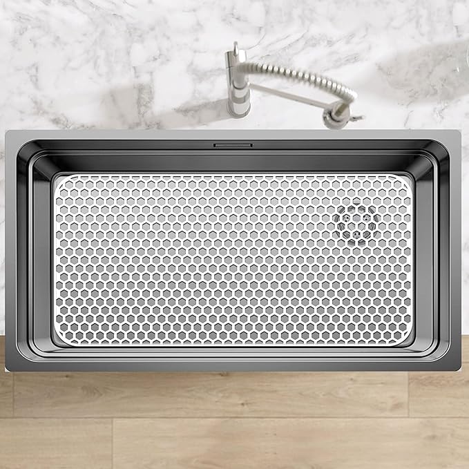 Bestjing Silicone Sink Protectors for Kitchen Sink - 28.4"x 14.3" Kitchen Protector Accessory, Non-Slip Heat Resistant Mat for Bottom of Farmhouse Porcelain Stainless Steel (White)