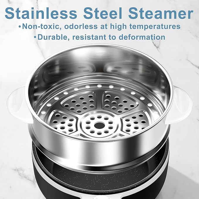 Dezin Hot Pot Electric with Steamer Upgraded, Non-Stick Sauté Pan, Rapid Noodles Electric Pot, 1.5L Mini Pot for Steak, Egg, Fried Rice, Ramen, Oatmeal, Soup with Power Adjustment