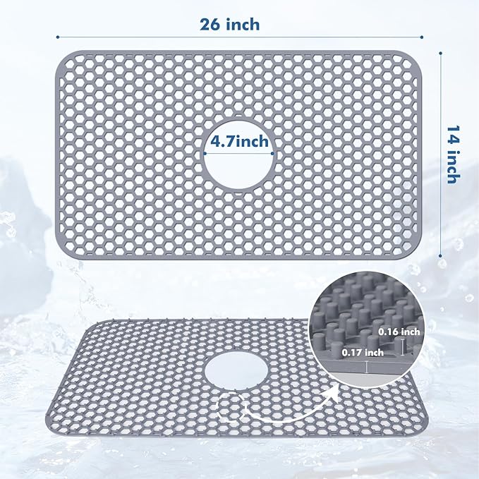 Bestjing Silicone Sink Mat - Protectors for Kitchen Sink with Center Drain, 26"x 14" Kitchen Grid Accessory, Non-Slip Heat-Resistant Mat for Bottom of Farmhouse Porcelain Stainless Steel (Center Hole)