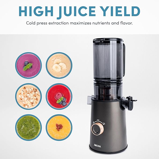 AROMA® Cold Press Juice Machine Slow Masticating Fruit and Vegetable Juicer for Home with Large 4-Inch Feeder and Double Pulp Filter