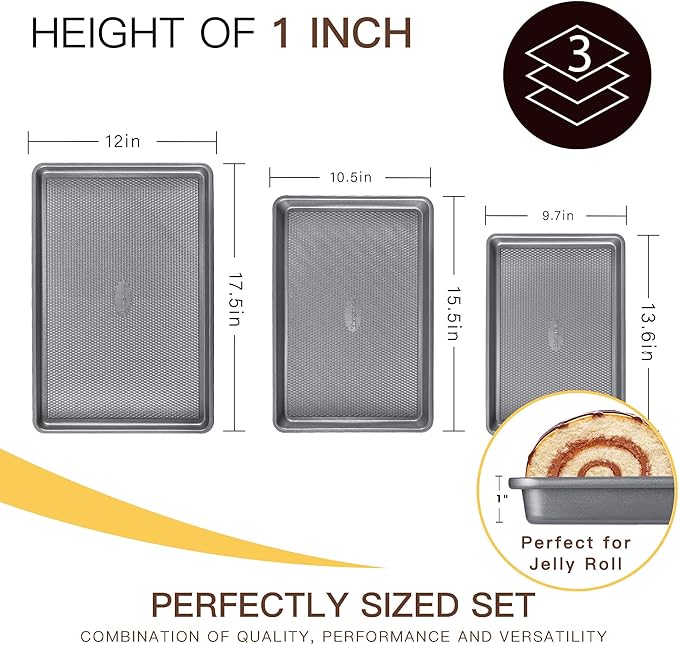 HONGBAKE 3 Pack Nonstick Ceramic Baking Sheet Pan Set for Oven, Non-Toxic Half/Quarter/Jelly Roll Pans with Diamond Texture, 0.8mm Aluminized Steel Cookie Trays for Cooking, Charcoal Gray