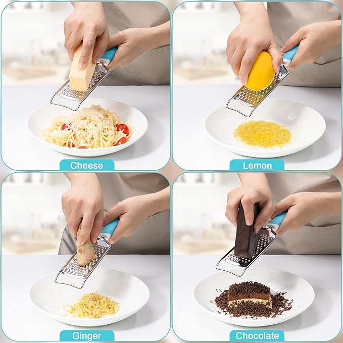 Rainspire Professional Cheese Graters for Kitchen Stainless Steel Handheld, Metal Lemon Zester Grater With Handle For Cheese, Chocolate, Spices, Kitchen Gadgets Tools, Soft Grip Handle (Blue)