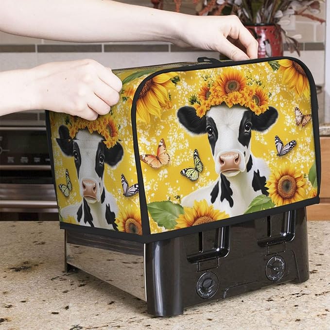 Cow with Sunflower Toaster Cover 2 Slice, Cute Country Bread Machine Cover, Washable Toaster Kitchen Small Appliance Cover Stain Resistant,with Top Handle