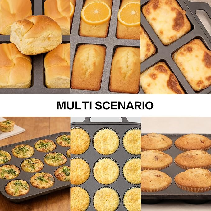 Flavehc Cast Iron Muffin Pans 12 Cup and Cast Iron Mini Loaf Pans 8 Cavity Regular Size Cupcake Pan Pre-Seasoned Loaf Pans Molds for Baking