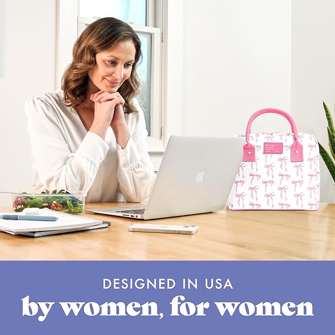 Fit & Fresh Bloomington Lunch Bag for Women - Insulated Large Lunch Box for Work with Containers, Leak-Resistant, Stain-Resistant, Zipper Closure, Pink Bows