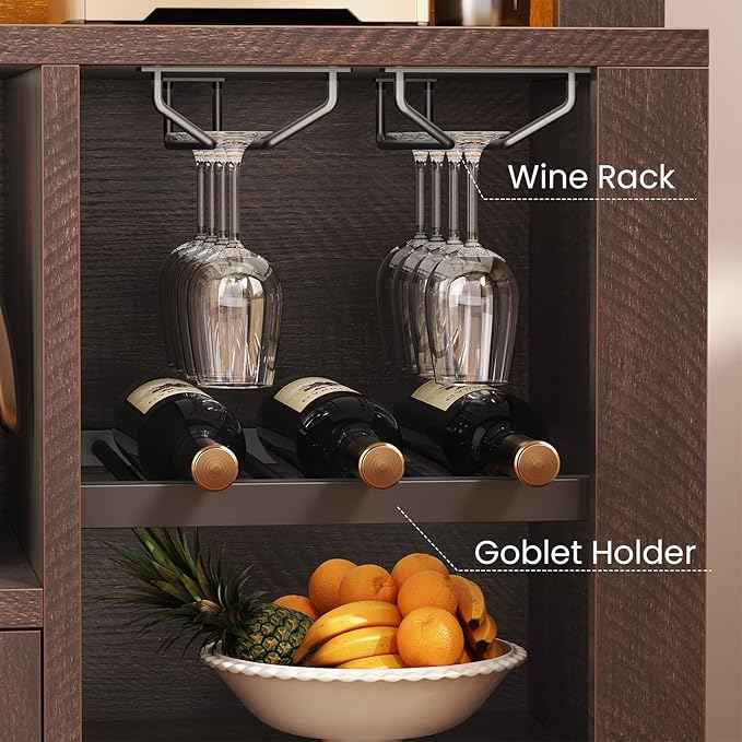 Itaar 73" Tall Arched Bakers Rack with Power Outlet and LED Light, Farmhouse Coffee Bar Cabinet, Kitchen Microwave Stand with Storage for Kitchen, Dining Room, Living Room, Brown