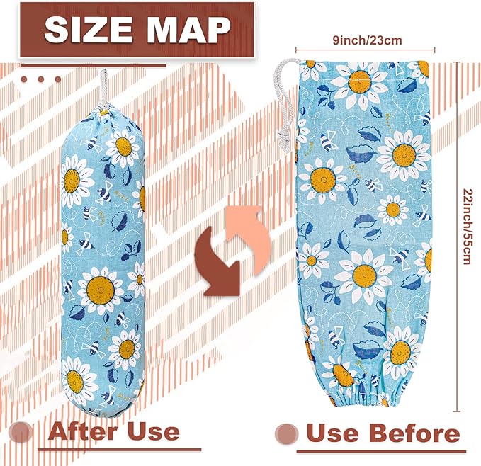 Plastic Bag Holder, Wall Mount Plastic Bag Organizer, Washable Large Grocery Bag Storage Dispenser, Shopping Bags Carrier for Home Kitchen Travelling, Free Adjustment with Drawstring, Sunflower,22x9"