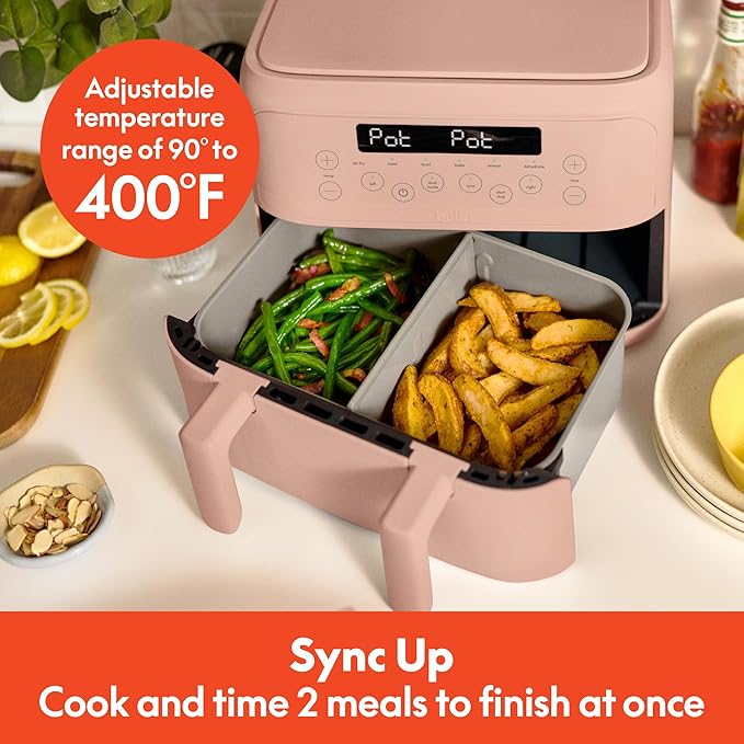 bella 4 Qt TriZone Air Fryer, EverGood™ Ceramic Nonstick Coating, Dual Basket Design w Removable Divider, Digital Touchscreen Control w 6 Preset Cooking Options, 1200 Watt, 3lb Capacity, Blossom