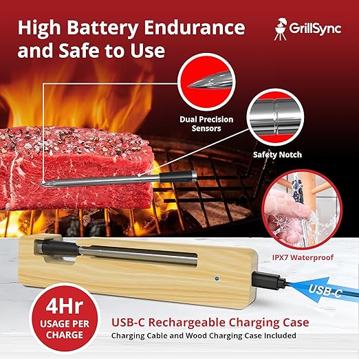 Grill Sync Digital Meat Thermometer Digital Wireless Dual Sensor Bluetooth BBQ Thermometer for Grill, Cooking Smoking, Oven Waterproof Meat Probe with USB-C Charging Case, App-Controlled, 165FT Range