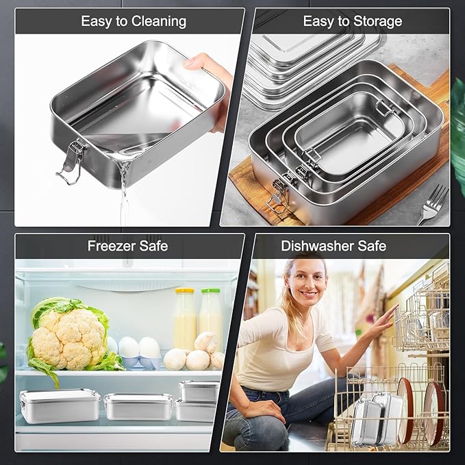 Umigy 6 Pcs Stainless Steel Food Containers 550/850/1000/1200/1400/24000 ml Metal Bento Lunch Box Stainless Steel Food Storage Containers, Lockable Clips to Leak Proof, Reusable Dishwasher Snack Box
