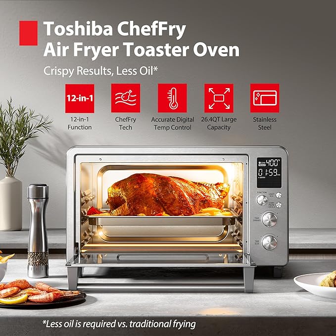 TOSHIBA ChefFry Air Fryer Toaster Oven Combo with Toast, Bake, Broil, Pizza & Dehydrate, 26.4-Quart Capacity, Stainless Steel
