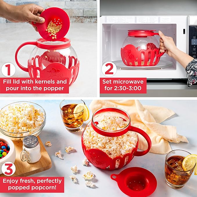 Ecolution Patented Micro-Pop Microwave Popcorn Popper with Temperature Safe Glass,3-in-1 Lid Measures Kernels and Melts Butter,Made Without BPA,Dishwasher Safe,3-Quart,Red,(Pack of 4)