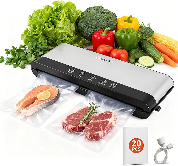 4-in-1 Vacuum Sealer Machine + 25-Pack Reusable 8.7″×8.3″ Vacuum Zipper Bags & 5 Clips – 85 kPa Suction, LED Touch Panel, Built-in Cutter, Dry & Moist Modes, BPA-Free Food Preservation Kit