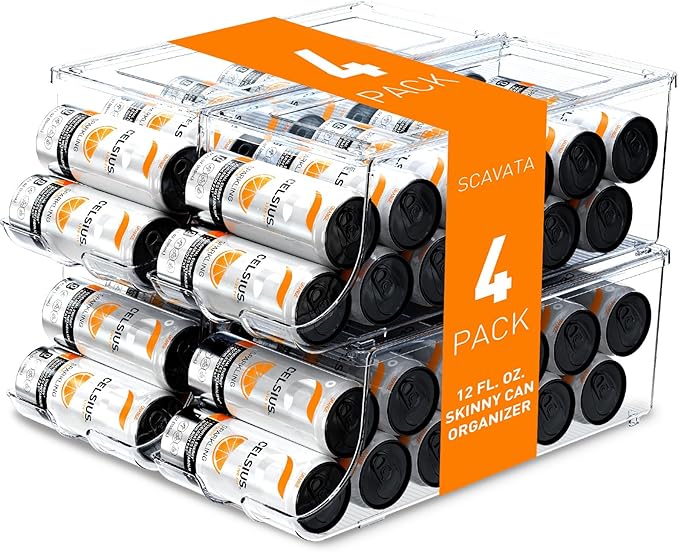 SCAVATA 4 Pack Skinny Can Organizer for Refrigerator, Stackable Tall Skinny Soda Pop Can Holder Dispenser with Lid for Fridge Pantry Rack Freezer, Clear Plastic Storage Bins-Holds 12 Slim Cans Each