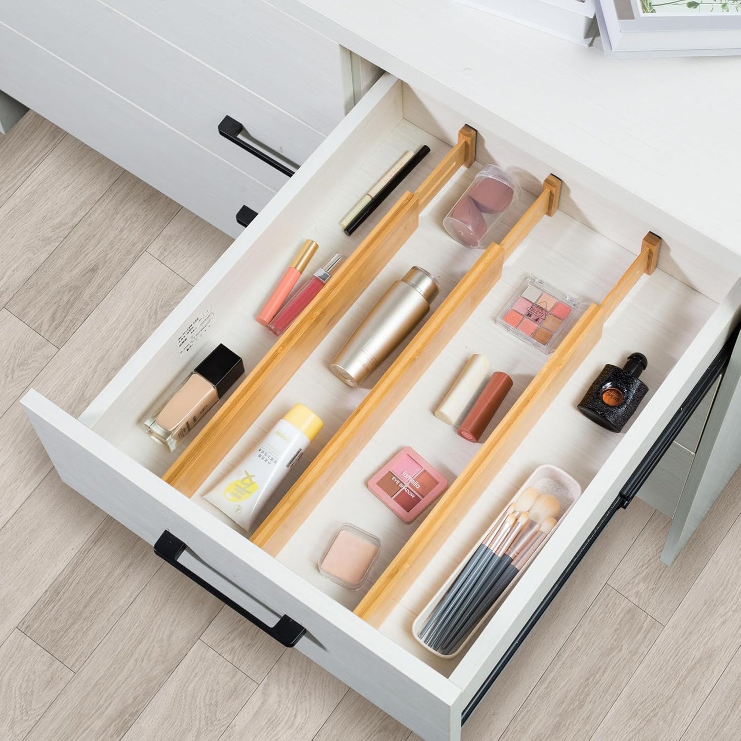 VaeFae Adjustable Bamboo Drawer Dividers, Expandable Drawer Organizer for Kitchen, Bedroom, Bathroom, Dresser and Office, 6-Pack