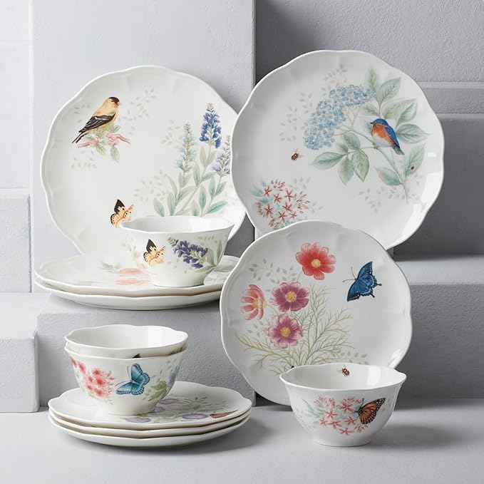 Lenox Dinnerware Set, Butterfly Meadow Flutter 12-Piece Set, Service For 4, Elegant White Porcelain, Dishwasher Safe, Chip Resistant, Plates And Bowls Sets, Home and Kitchen (Assorted, 12 Pieces)