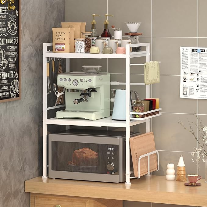 DOLALIKE Microwave Oven Rack, Expandable Microwave Stand Kitchen Countertop Organizer Utensils Storage, Carbon Steel Over Microwave Shelf with 3 Hooks (White, 3 Tier- With Storage)