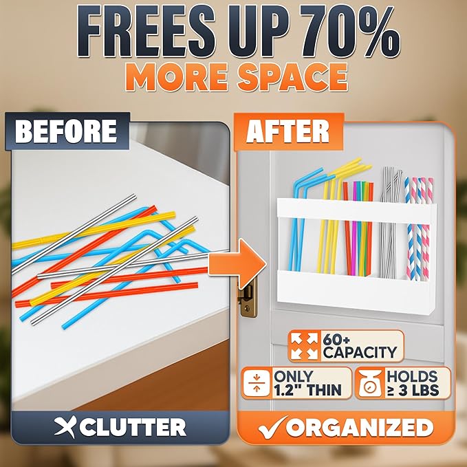 9.5" Cabinet Door Peel and Stick Straw Holder – White Plastic Straw Holder for Cabinet Door, With Strong Adhesive Tape, Space-Saving Easy Mounted Storage for Straws, Utensils, Chopsticks and More