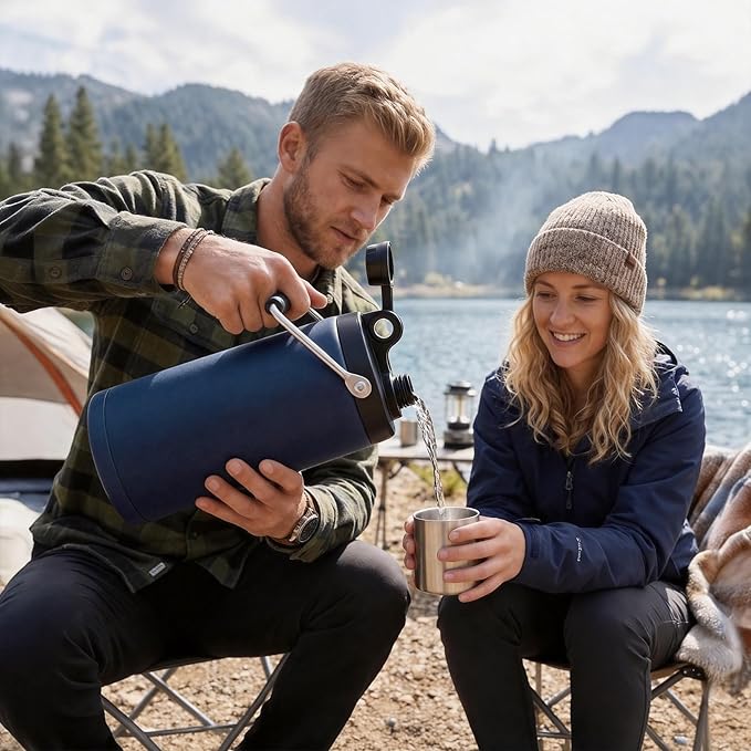 Kerilyn Insulated Half Gallon Jug with Handle, 64oz Stainless Steel, Large Double Vacuum Water Bottle for Hot & Cold Drinks, Wide Mouth, Sweat Proof, Great for Travel, Camping, Dark Blue