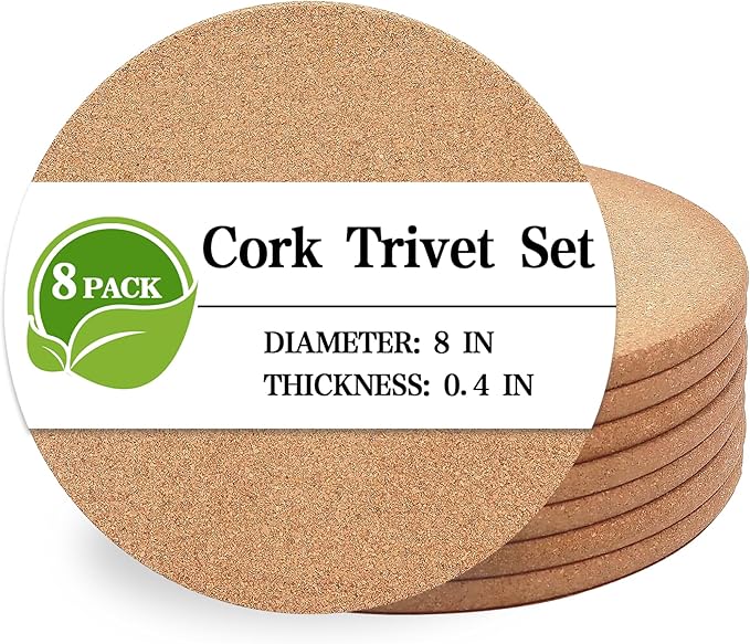 Cork Trivet, 8 Pack High Density Thick Cork Coasters Set for Hot Dishes, 8 Inch Heat Resistant Multifunctional Cork Trivets for Hot Dishes, Hot Pads for Kitchen, Table, Countertops