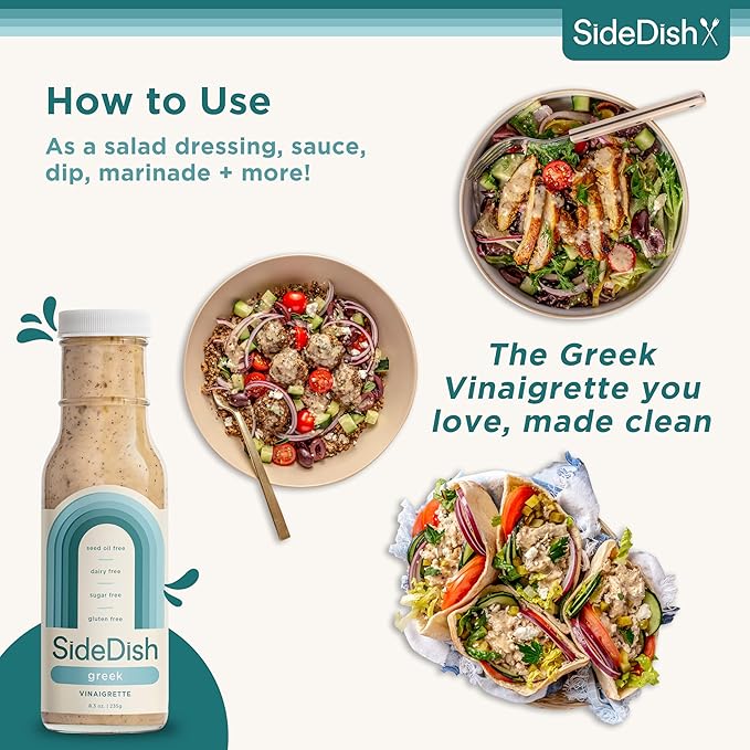 SideDish Zesty Greek Vinaigrette (Pack of 3) - Seed Oil, Dairy & Gluten Free Salad Dressing w/Avocado Oil - Refined Sugar Free, Healthy Greek Salad Dressing - Balsamic Paleo Marinade for Dips, Spread