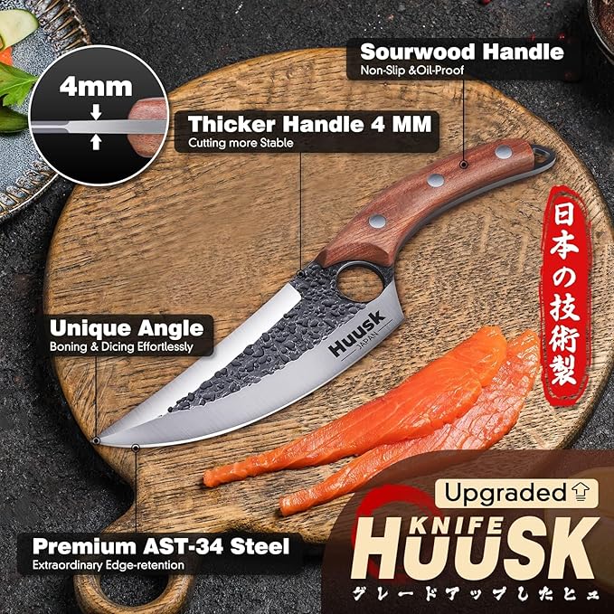 Huusk Chef Knives with Sheath, Hand Forged Viking Knife, Japanese Butcher Knife, Cool Caveman Knives for Kitchen and Outdoor Camping, Gift for Men and Women