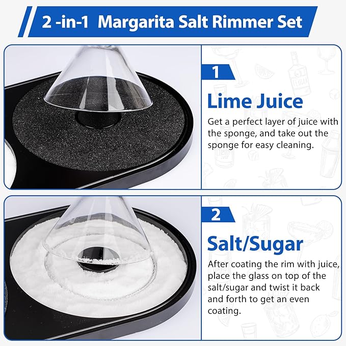 Margarita Salt Rimmer Set, 1 Pack Bar Salt and Sugar Rimmer with Sponge, 2-in-1 Bar Glass Cocktail Rim Set, Dishwasher Safe Black Barware Tools for Margarita Mojitos (Black)