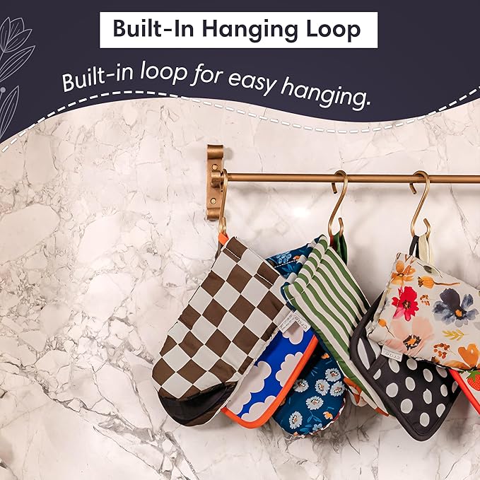 Crae Home - Mini Oven Mitt | Milk & Honey Pattern Silicone-Lined Grip Heat-Resistant Cotton Kitchen Mitt with Hanging Loop | Cute Pot Holder Style Oven Glove for Baking & Cooking | 7.5” x 5.5”
