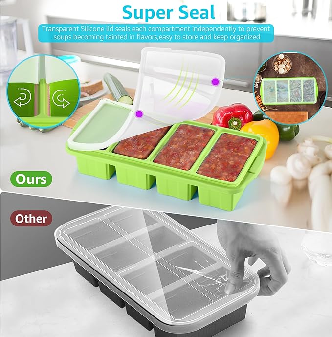 Ztomine Silicone Freezer Tray With Lid - Silicone Freezer Food Molds- Large Ice Cube Tray,Silicone Freezer Container,Freeze & Store Soup, Sauce, Broth,Leftovers - Makes 4 Perfect 1 Cup