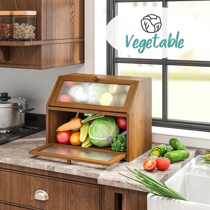 Bread Box for Kitchen Counter, Large Bamboo Wood Double Layer Bread Box, Wooden Bread Storage Capacity
