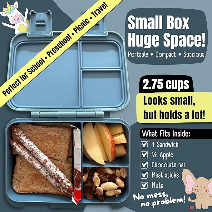 BEARFOOT Kids Lunch Box with Compartments – Compact & Lightweight | Leak-Proof, BPA-Free, Dishwasher & Microwave Safe | Hand-Drawn Design for Preschool, School, Travel (Sticker Blue, 2.75 Cups)