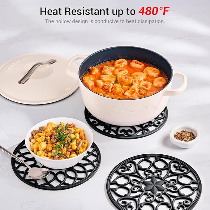 SMARTAKE 6 Set Silicone Trivet Mats, Multi-Use Intricately Carved Coasters, Insulated Non-Slip Durable Kitchen Mats, Flexible Modern Kitchen Table Mat, for Hot Dishes, Pots, Countertop (Black)