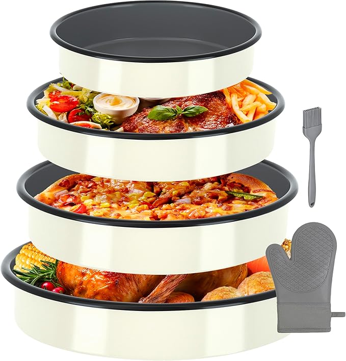 Enamel Round Roasting Pan Set Baking Dish 4-Pack 9/10/12/14 Inch High Temperature Resistance Bakeware for Pizza Chicken, Oven Dishwasher Safe Birthday Mother Day Gift for Wife & Mom Cake Pan