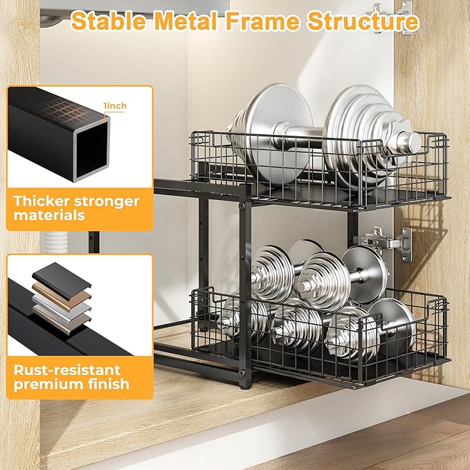 Under Sink Organizer, 2-Tier Pull Out Cabinet Organizer, Adjustable Height Bathroom Organizer and Storage, Spice Rack for Kitchen, Sliding Drawers Shelves 13.8×11×15.8 Inch (1 Pack)