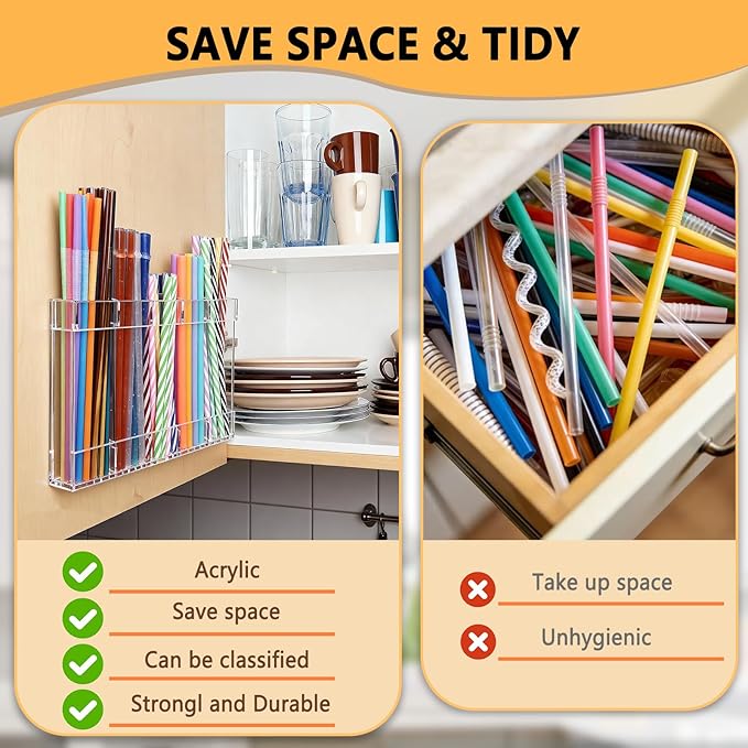 New Upgrade 9.5" Large Acrylic Straw Holder for Cabinet Door-Reusable Tumbler Straw Organizer Storage,Small Kitchen Organizers and Storage Accessories Container,Ultra Sticky Cupboard Door Mounted